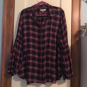 Plaid Tunic with Balloon Sleeves